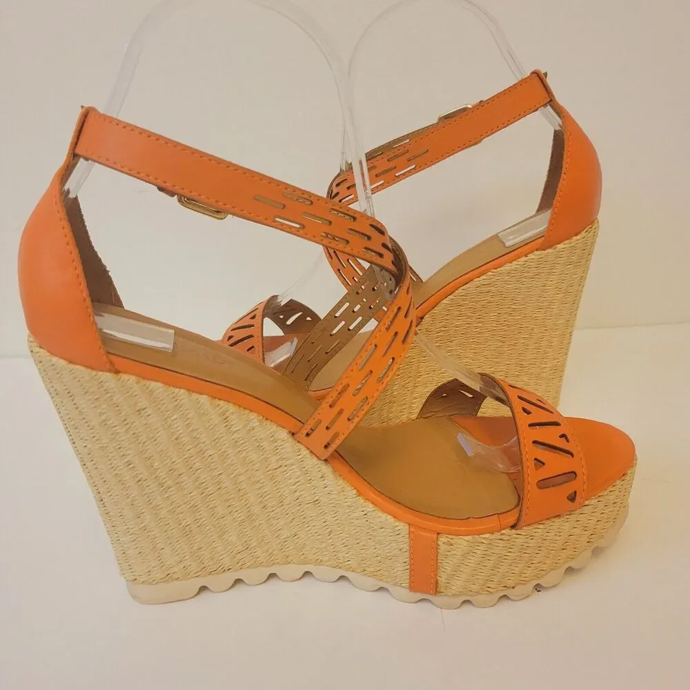 Kazar Leather Orange Straps Platform Wedge Sz 37 Women Shoes